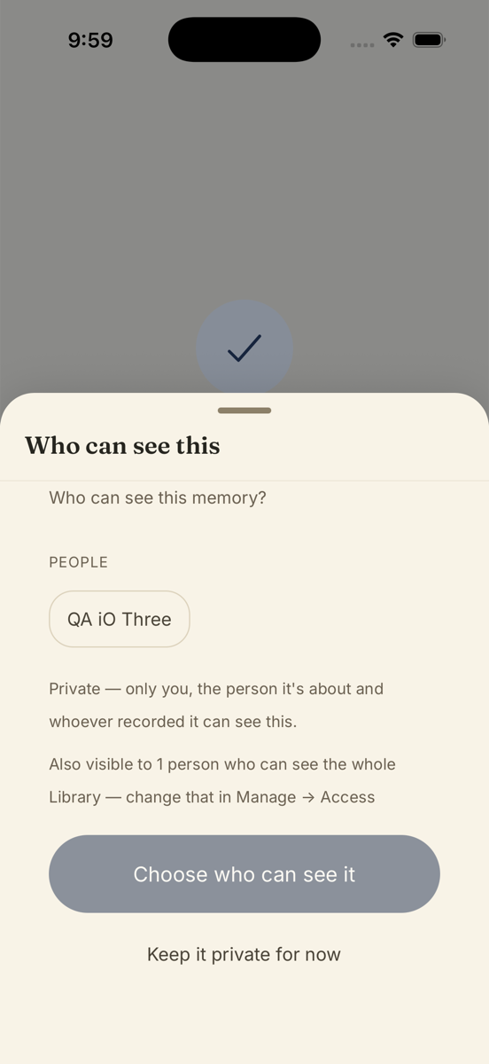 The Who can see this prompt after sending: people chips, a note that it is private for now, and Choose who can see it or Keep it private for now.