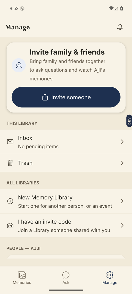The Manage tab with the notification bell in the top corner.